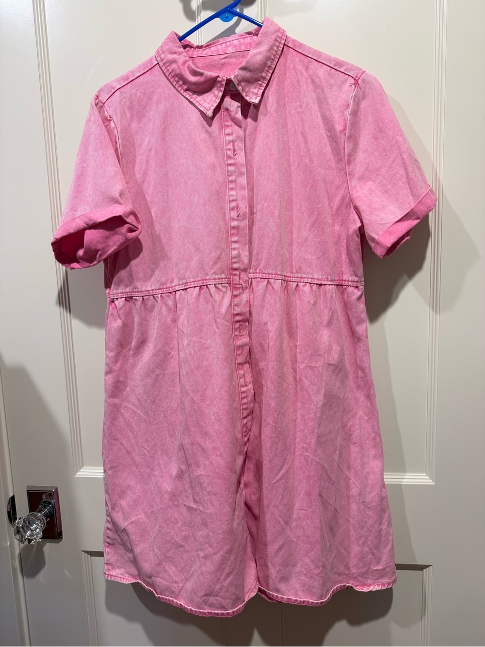 Pink Short-Sleeve Shirt Dress Casual Collared Top